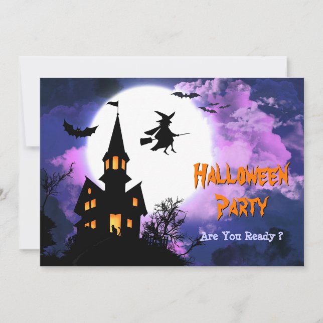 Scary Haunted Castle Flying Witch Halloween Party Invitation (Front)