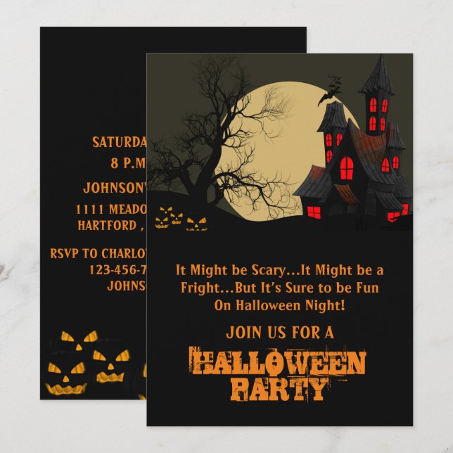 Scary Haunted House and full moon Halloween Party  Invitation (Front/Back)