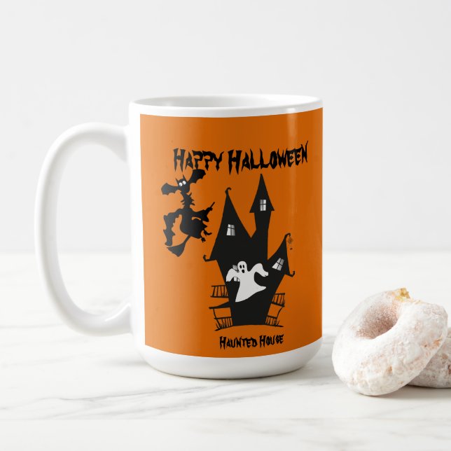 Scary Haunted House Halloween Coffee Mug (With Donut)