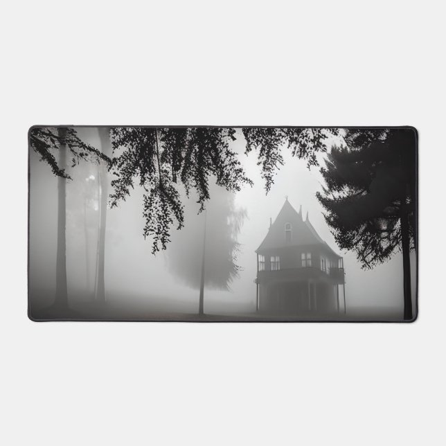 Scary Haunted Mansion In The Mist Desk Mat (Front)