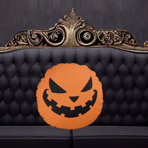 Scary Jack O Lantern Face Orange Halloween Round Cushion