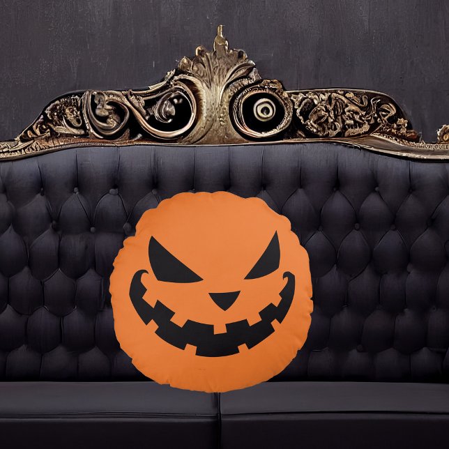 Scary Jack O Lantern Face Orange Halloween Round Cushion (Creator Uploaded)