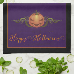 Scary Jack-o-Lantern Halloween Black Tea Towel