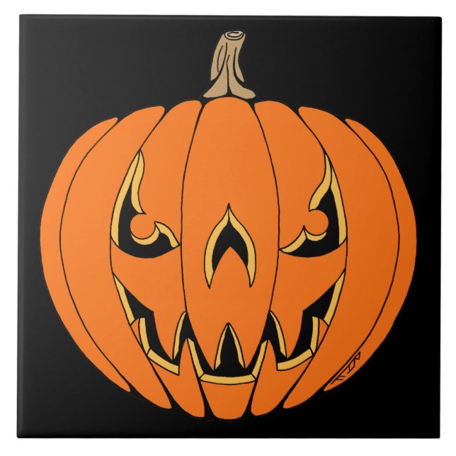 Scary Jack-o'-Lantern Halloween Design Ceramic Tile (Front)