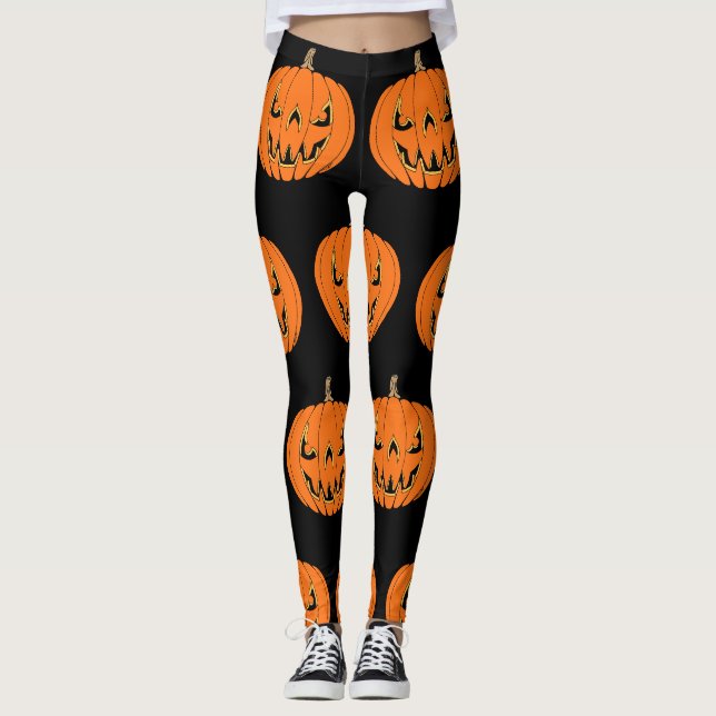 Scary Jack-o'-Lantern Halloween Design Leggings (Front)
