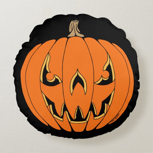 Scary Jack-o'-Lantern Halloween Design Round Cushion (Front)