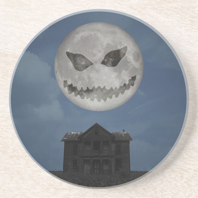 Scary Jack O Lantern Halloween Moon Coaster (Front)