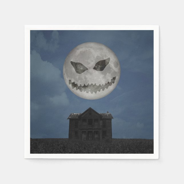 Scary Jack O Lantern Halloween Moon Napkin (Front)