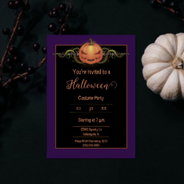 Scary Jack-o-Lantern Halloween | Purple Invitation (Purple Scary Jack-o-Lantern Halloween Party Invite)