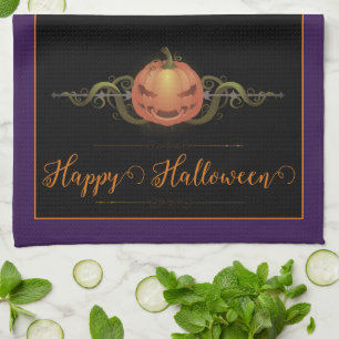 Scary Jack-o-Lantern Halloween Purple Tea Towel