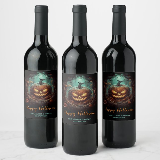 Scary Jack O Lantern Halloween  Wine Label (Bottles)