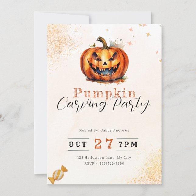 Scary Jack-O' Lantern Orange Pumpkin Carving Party Invitation (Front)