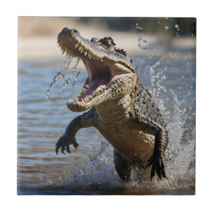 Scary Jaws: Australian Crocodile Leaping Ceramic Tile