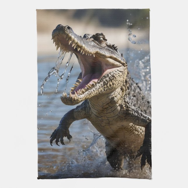 Scary Jaws: Australian Crocodile Leaping Tea Towel (Vertical)