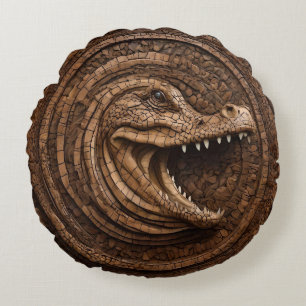 Scary Jaws: Australian Crocodile Wood Print Round Cushion