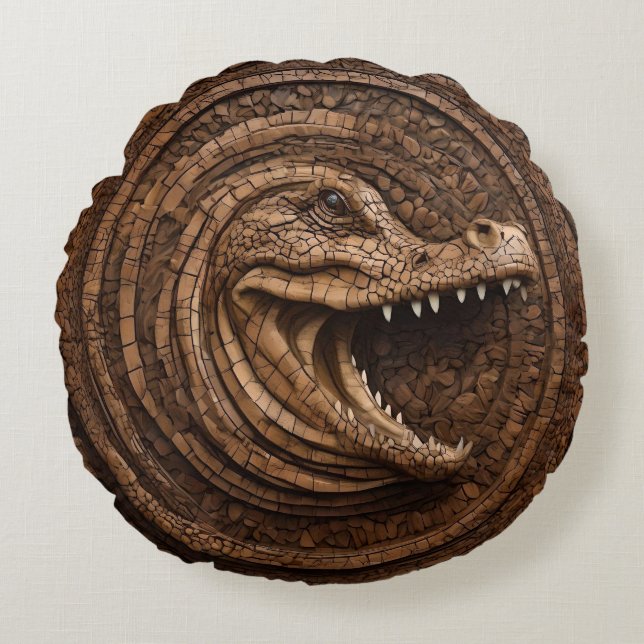 Scary Jaws: Australian Crocodile Wood Print Round Cushion (Front)