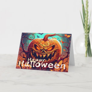 Scary Looking Orange Pumpkin with Face, Halloween Card