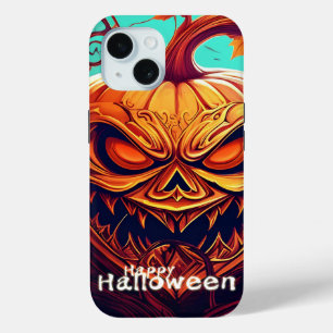 Scary Looking Orange Pumpkin with Face, Halloween  iPhone 15 Case
