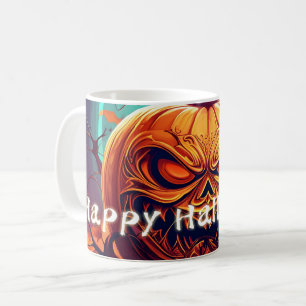 Scary Looking Orange Pumpkin with Face, Halloween  Coffee Mug