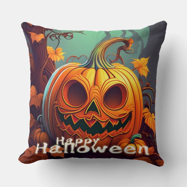 Scary Looking Orange Pumpkin with Face, Halloween Cushion (Front)
