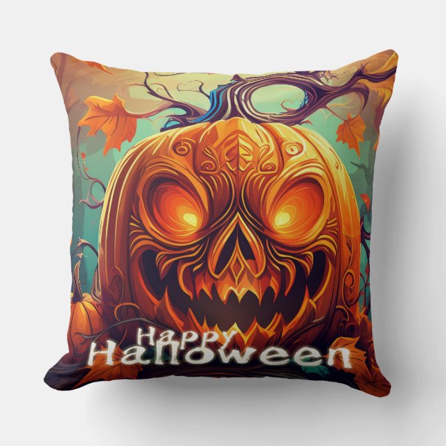Scary Looking Orange Pumpkin with Face, Halloween  Cushion (Front)