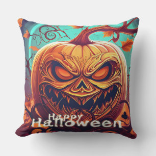Scary Looking Orange Pumpkin with Face, Halloween  Cushion