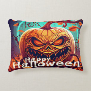 Scary Looking Orange Pumpkin with Face, Halloween  Decorative Cushion