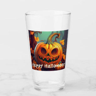Scary Looking Orange Pumpkin with Face, Halloween Glass