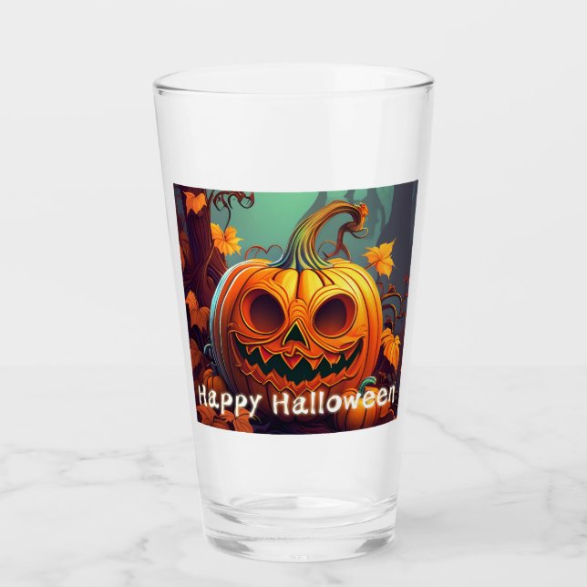 Scary Looking Orange Pumpkin with Face, Halloween Glass (Front)