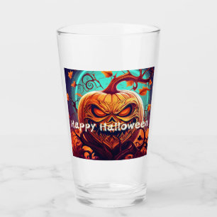 Scary Looking Orange Pumpkin with Face, Halloween Glass