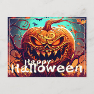 Scary Looking Orange Pumpkin with Face, Halloween  Holiday Postcard