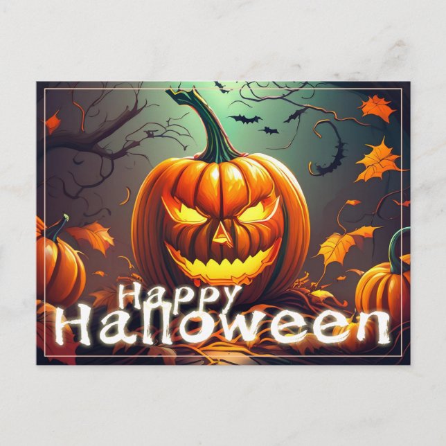 Scary Looking Orange Pumpkin with Face, Halloween  Holiday Postcard (Front)