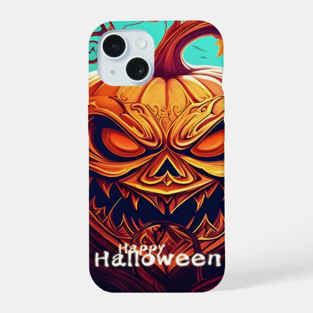 Scary Looking Orange Pumpkin with Face, Halloween  iPhone 15 Case (Back)