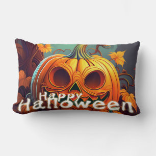 Scary Looking Orange Pumpkin with Face, Halloween Lumbar Cushion