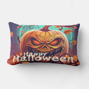 Scary Looking Orange Pumpkin with Face, Halloween  Lumbar Cushion