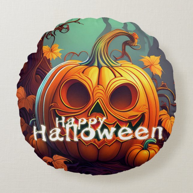Scary Looking Orange Pumpkin with Face, Halloween Round Cushion (Front)