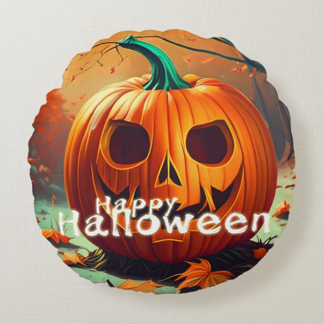 Scary Looking Orange Pumpkin with Face, Halloween Round Cushion (Front)