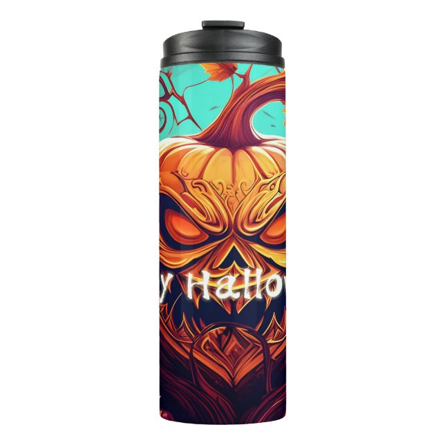 Scary Looking Orange Pumpkin with Face, Halloween  Thermal Tumbler (Front)
