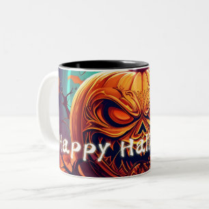 Scary Looking Orange Pumpkin with Face, Halloween Two-Tone Coffee Mug