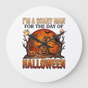 Scary Man Halloween Witch Hat Blood Moon Pumpkin_1 Large Clock