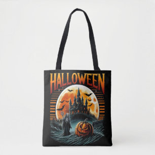 Scary Moonlit Haunted Castle Grim Reaper Halloween Tote Bag