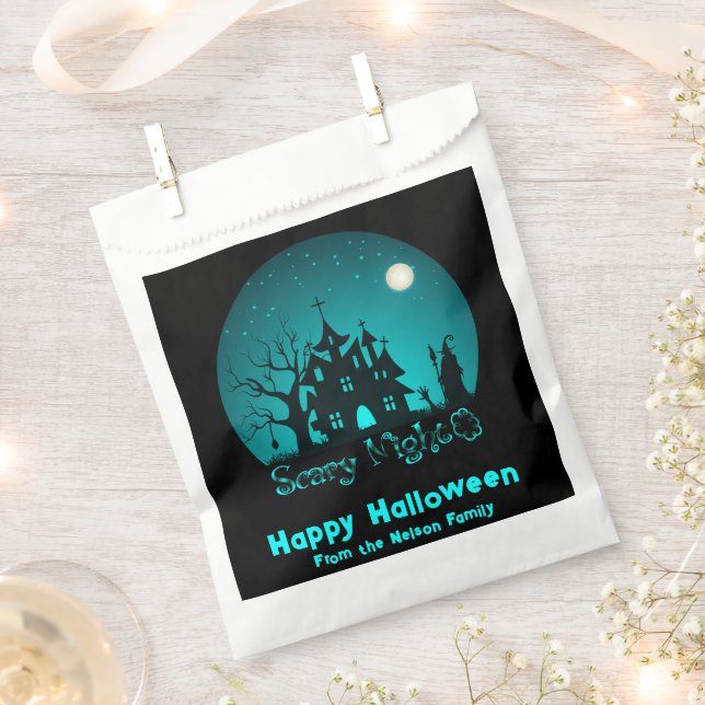 Scary Night Haunted House Green Happy Halloween Favour Bag (Clipped)