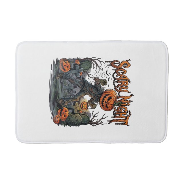 Scary Night Pumpkin Head Monster Lantern Graveyard Bath Mat (Front)