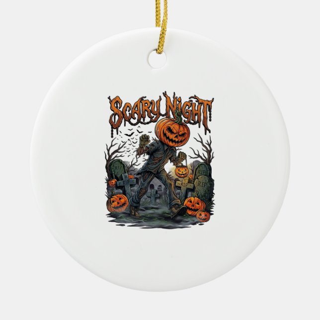 Scary Night Pumpkin Head Monster Lantern Graveyard Ceramic Ornament (Front)