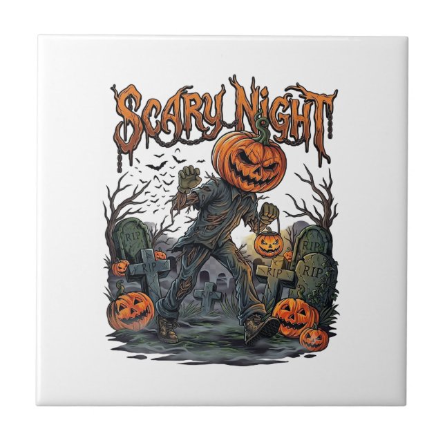 Scary Night Pumpkin Head Monster Lantern Graveyard Ceramic Tile (Front)
