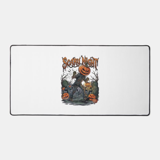Scary Night Pumpkin Head Monster Lantern Graveyard Desk Mat (Front)