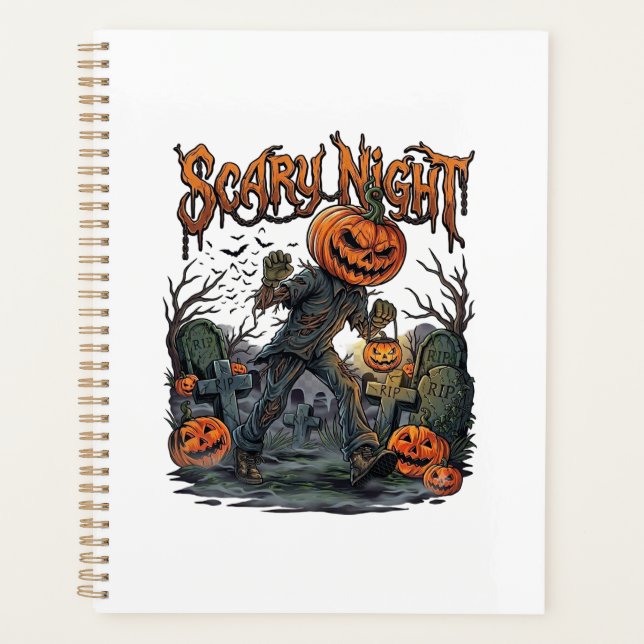 Scary Night Pumpkin Head Monster Lantern Graveyard Planner (Front)