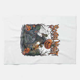Scary Night Pumpkin Head Monster Lantern Graveyard Tea Towel