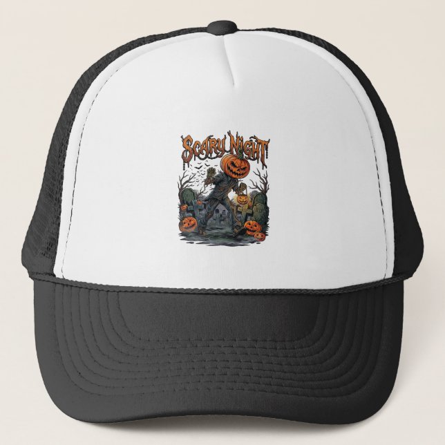 Scary Night Pumpkin Head Monster Lantern Graveyard Trucker Hat (Front)