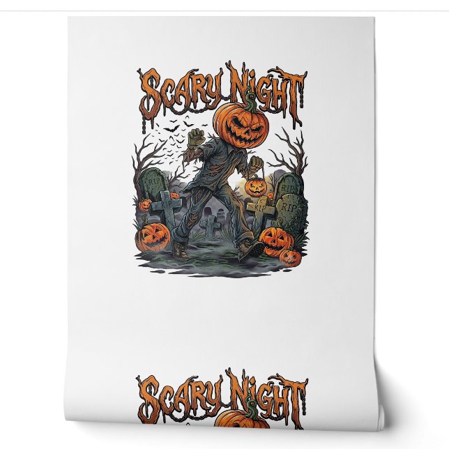 Scary Night Pumpkin Head Monster Lantern Graveyard Wallpaper (Unrolling)